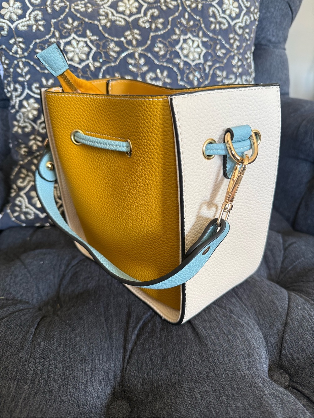 Colorblock White, Mustard & Light Blue Bucket Bag
